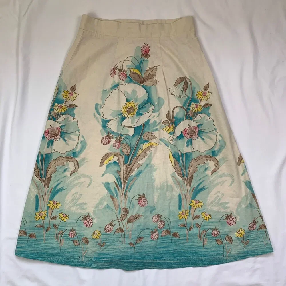 Vintage Floral Full Button Front Midi Skirt XS Blue Ivory Parisian Botanical - Picture 8 of 9